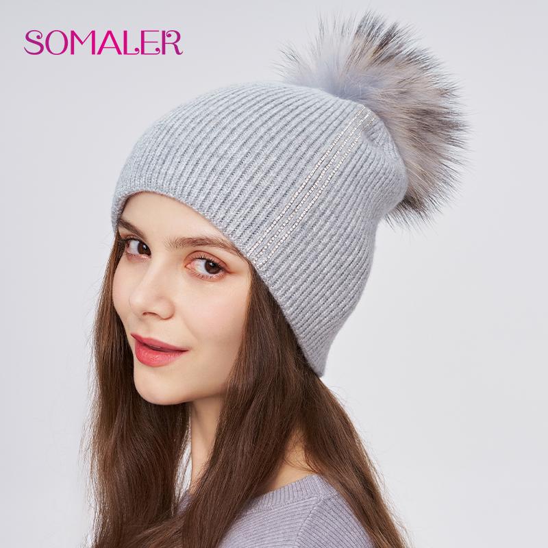 SOMALER Women Winter Fur Pom Pom Hat Wool Knit Beanie Hat With Rhinestone Warm Double Layer Luxury Fur Bobble Outdoor Cap