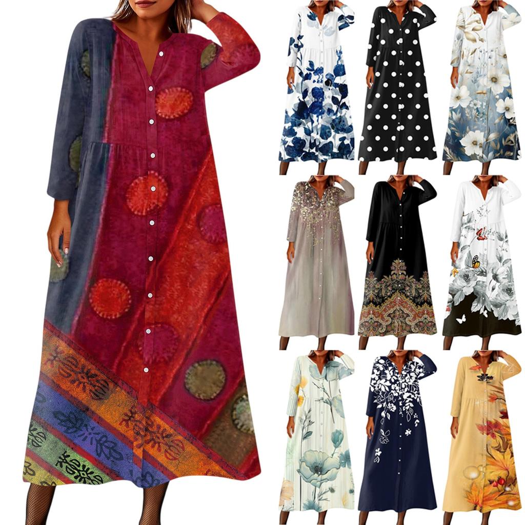 Women's Fashionable Printed Round Neck Seven Quarter Sleeve Button Loose Shirt Dress