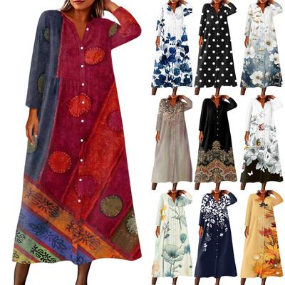 Women's Fashionable Printed Round Neck Seven Quarter Sleeve Button Loose Shirt Dress