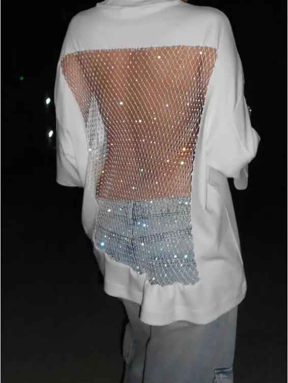 2025 Women's Solid Color Backless Mesh Top with Mid-Sleeves