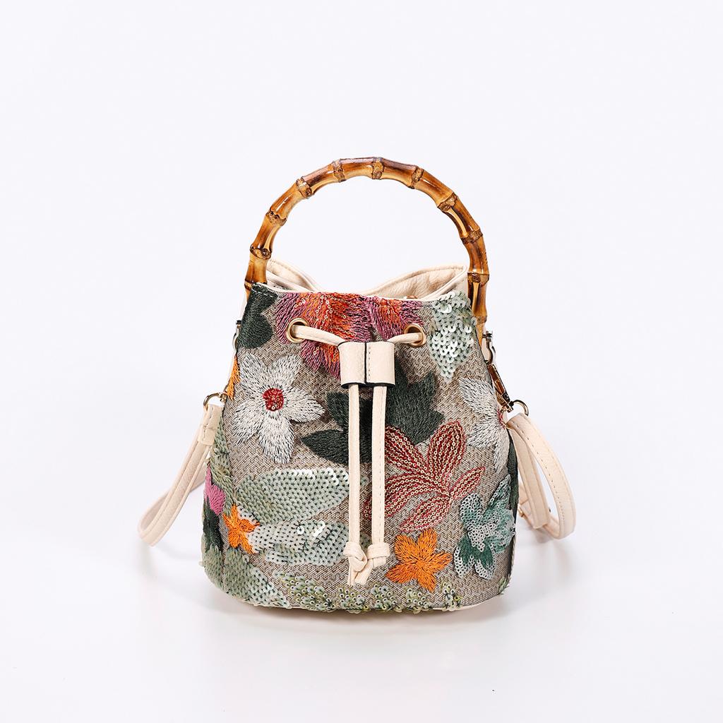 Elegant Sequin Embroidered Straw Woven Bucket Bag with Bamboo Handle - New Arrival Summer Trend Unique Crossbody Bag for Women