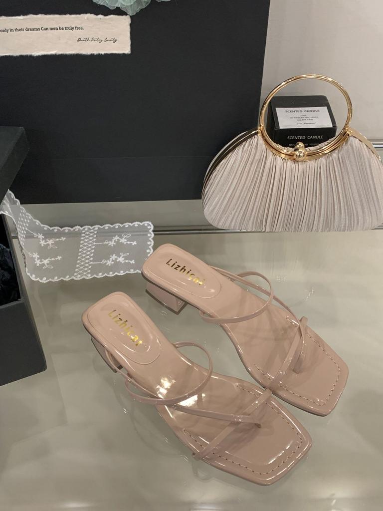 2025 Summer New Thick Heel French Square Toe Cool Slippers Women's Shoes Outside