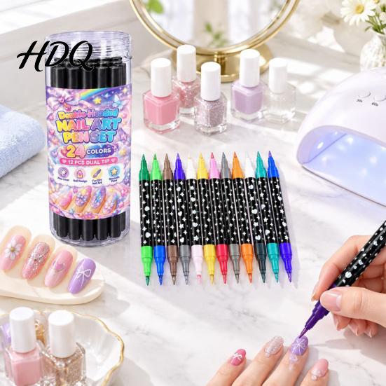 Nail Stippling Pens 12Pcs 24 Color Dual-Ended Art Set Dual Tip Waterproof Drawing Painting for Salon Markers Quick Dry Liner DIY Beginners
