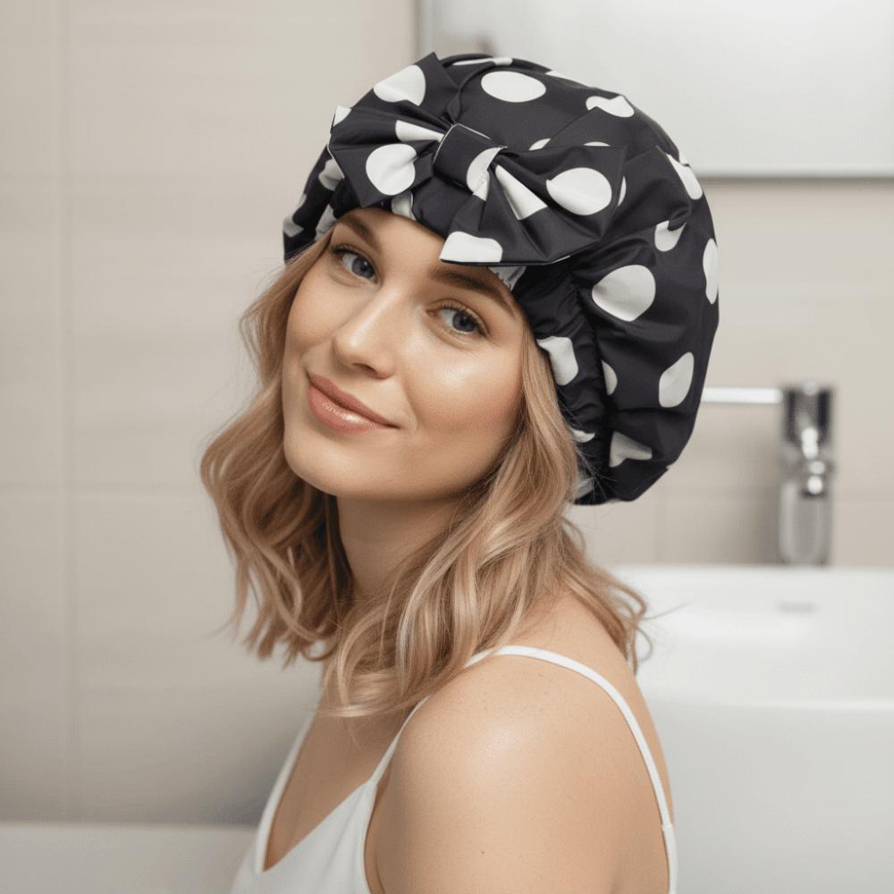 Polka Dots Double-layer Bath Cap Elastic Printed Bonnet Practical Shampoo Hat  Bathroom