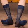 Mens Business Soft Breathable Nylon Sheer Dress Socks Thin See Through Silk Ribs Striped Calf Socks for Formal Use