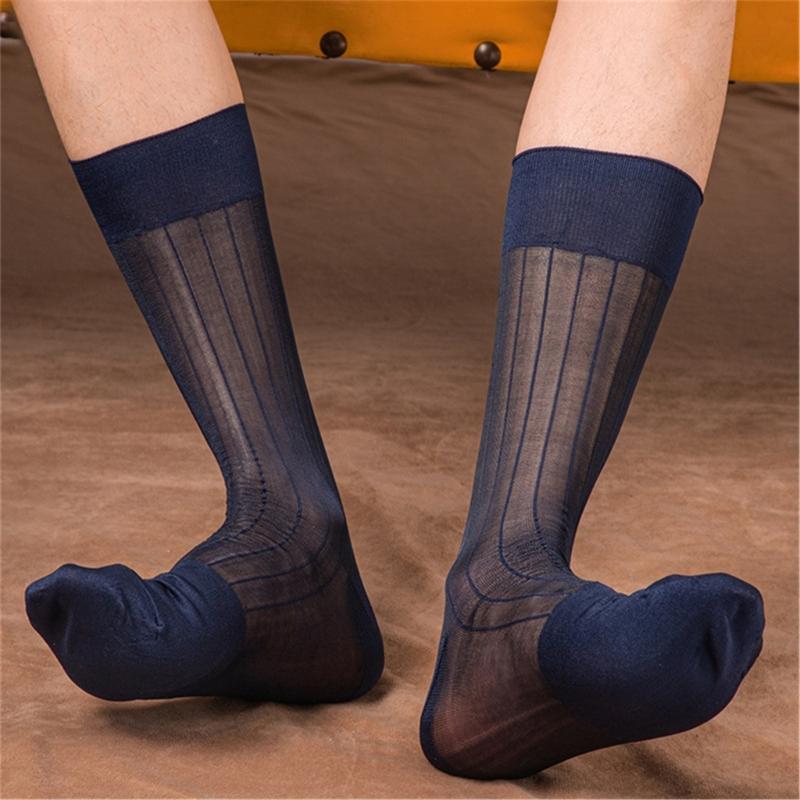 Mens Business Soft Breathable Nylon Sheer Dress Socks Thin See Through Silk Ribs Striped Calf Socks for Formal Use