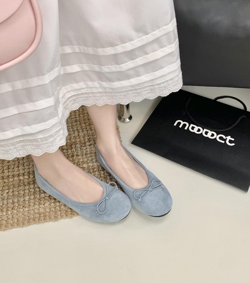 Spring and summer 2025 new bow suede shallow mouth single shoes round head comfortable soft sole not tired feet Doudou women's shoes
