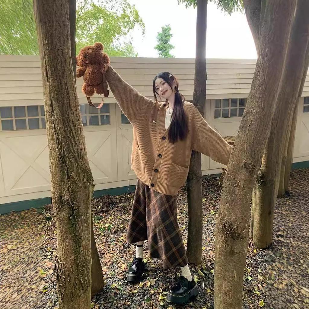 Women's Retro Plaid Three-Piece Set: Sweater Coat, T-Shirt, and A-Line Midi Skirt