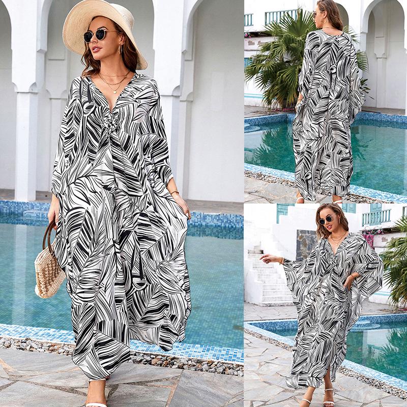 European & American Cotton Print Plus Size Loose Beach Dress Cover-Up for Women