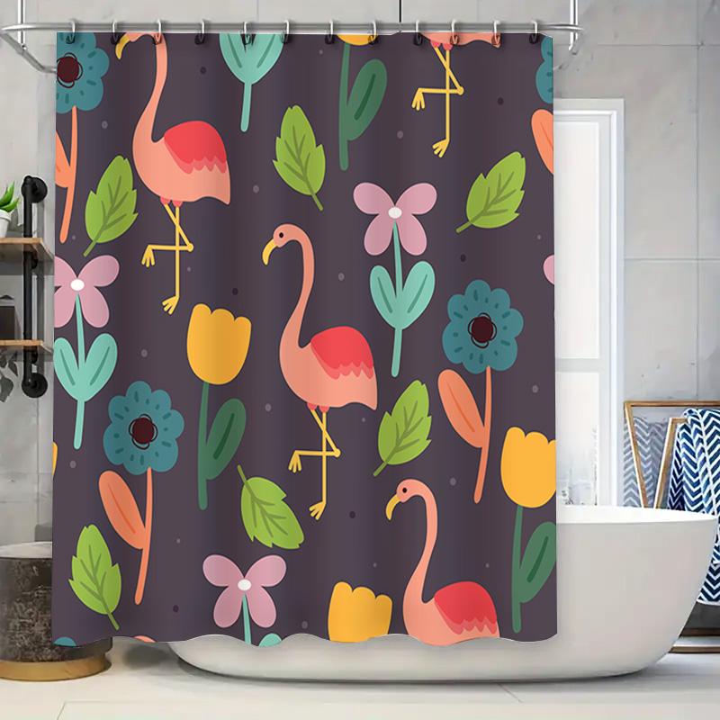 

Bright Pink Flamingo Shower Curtain With Spring Flowers Modern Bathroom Decor For Kids Room Easy Install Hook Set Included (Blac W60H190(CM)-1 Pcs