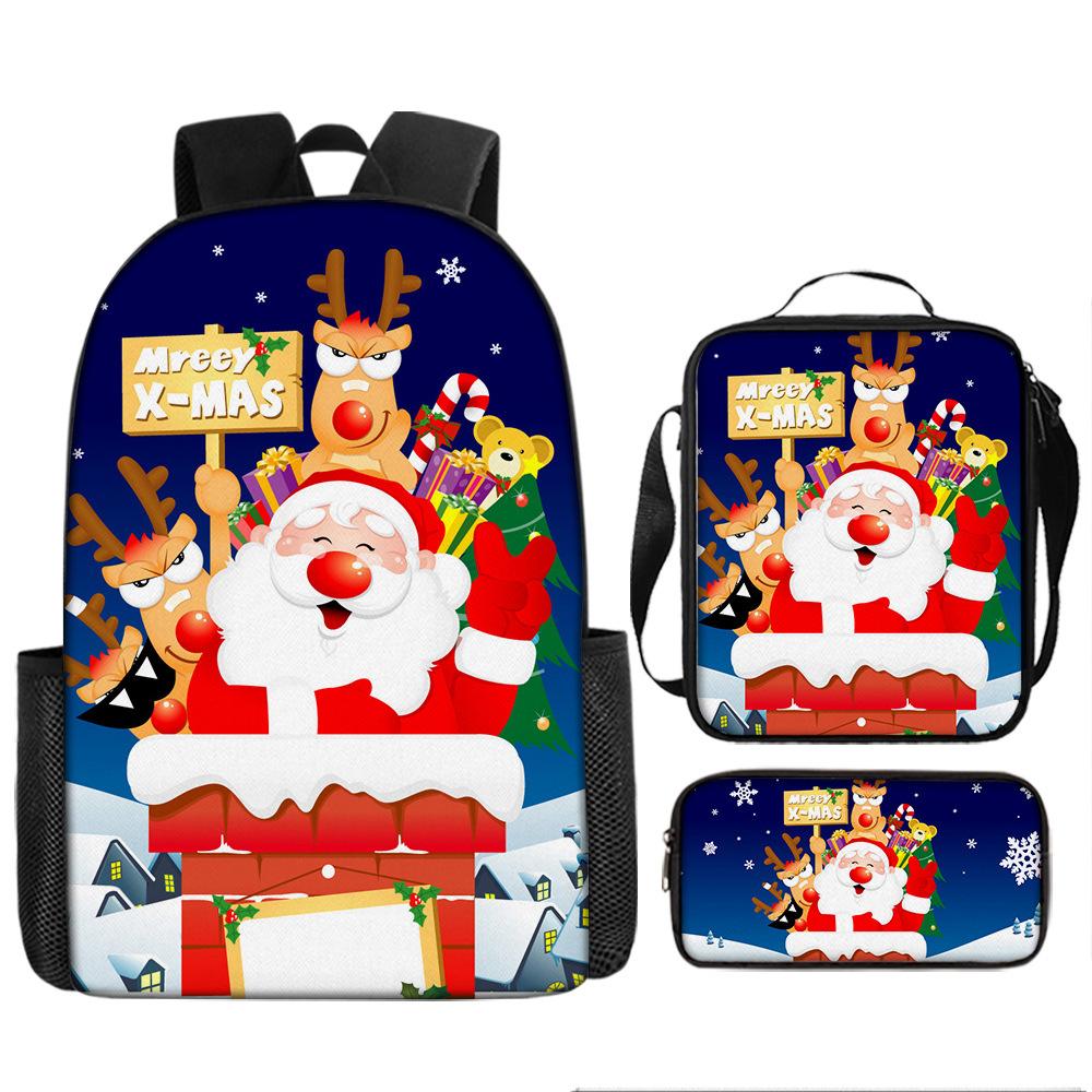 Santa Claus Christmas Tree Backpack Elementary School Bag Large Capacity Leisure Bag Lunch Bag Pencil Bag Three-piece Set