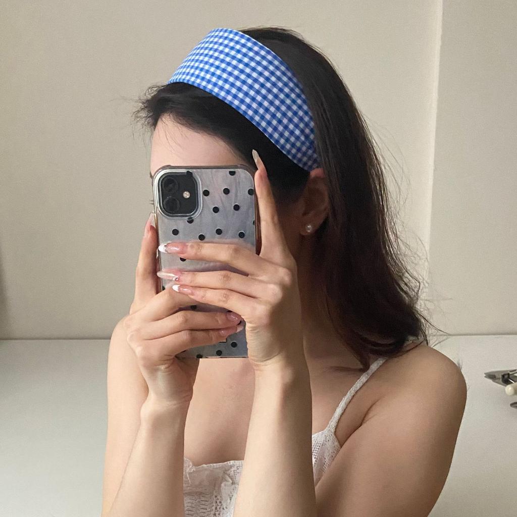 New Checkered Wide Fabric Headband Sweet Academic Vintage Hair Band Non-Slip Toothed Design Korean Retro Hair Accessories
