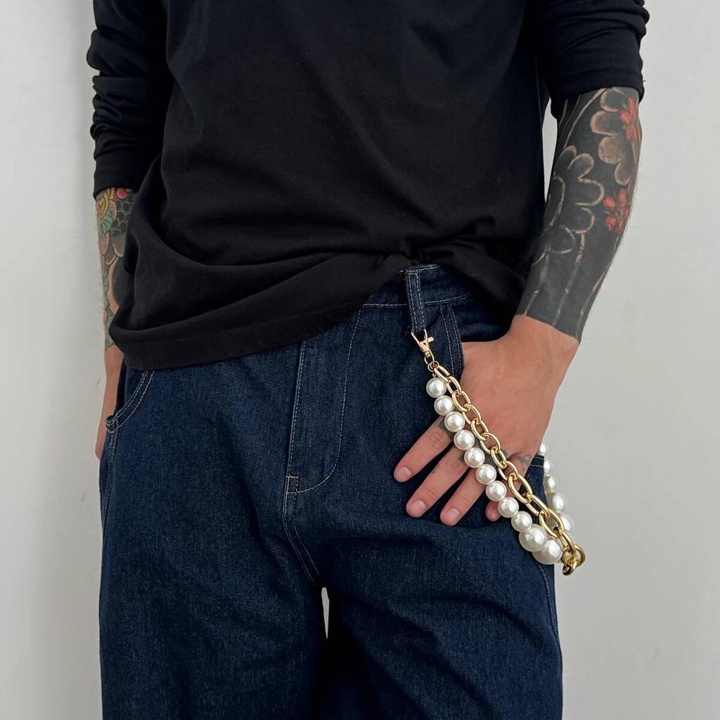 Salircon Hip Hop Multilayer Exaggerated Imitation Pearl Jeans Pants Keychain Men Punk Trousers Hipster Pant Chain Party Jewelry