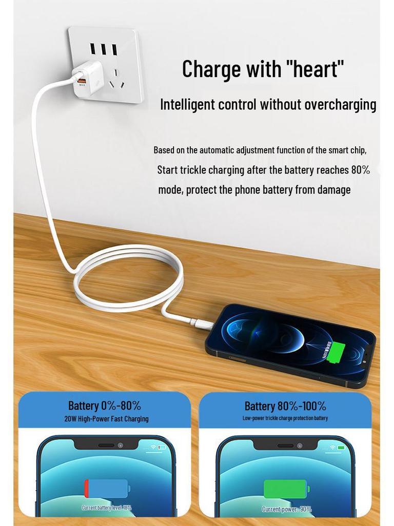 3C Certified PD20W Fast Charger - Dual Port for Apple Phones with Flash Charge Cable
