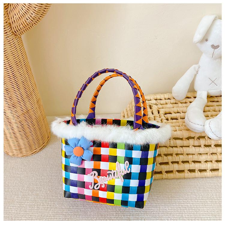Stylish Children's Woven Handbag Colorful Crochet Tote Bag For Girls With Floral Design