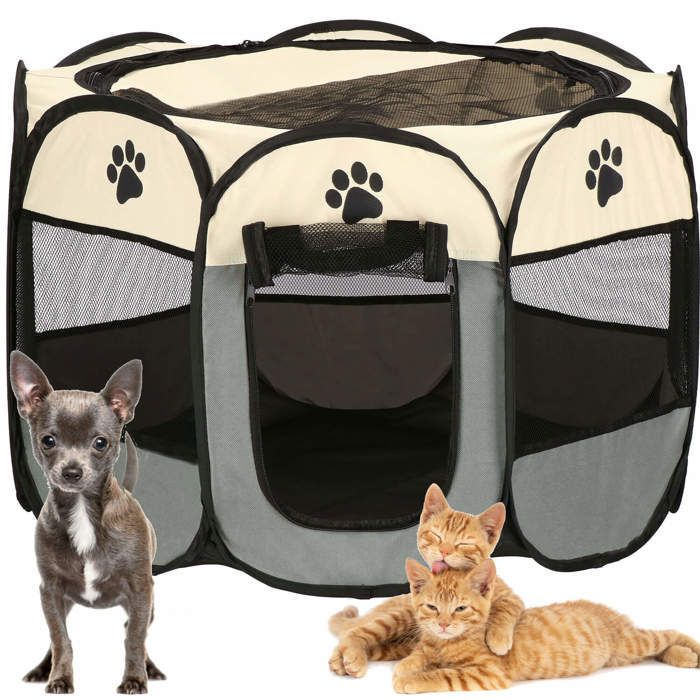Parc pour chiots - Springos® - Modèle pliable - 114 x 114 x 56 cm - Tissu maillé respirant - Toit amovible