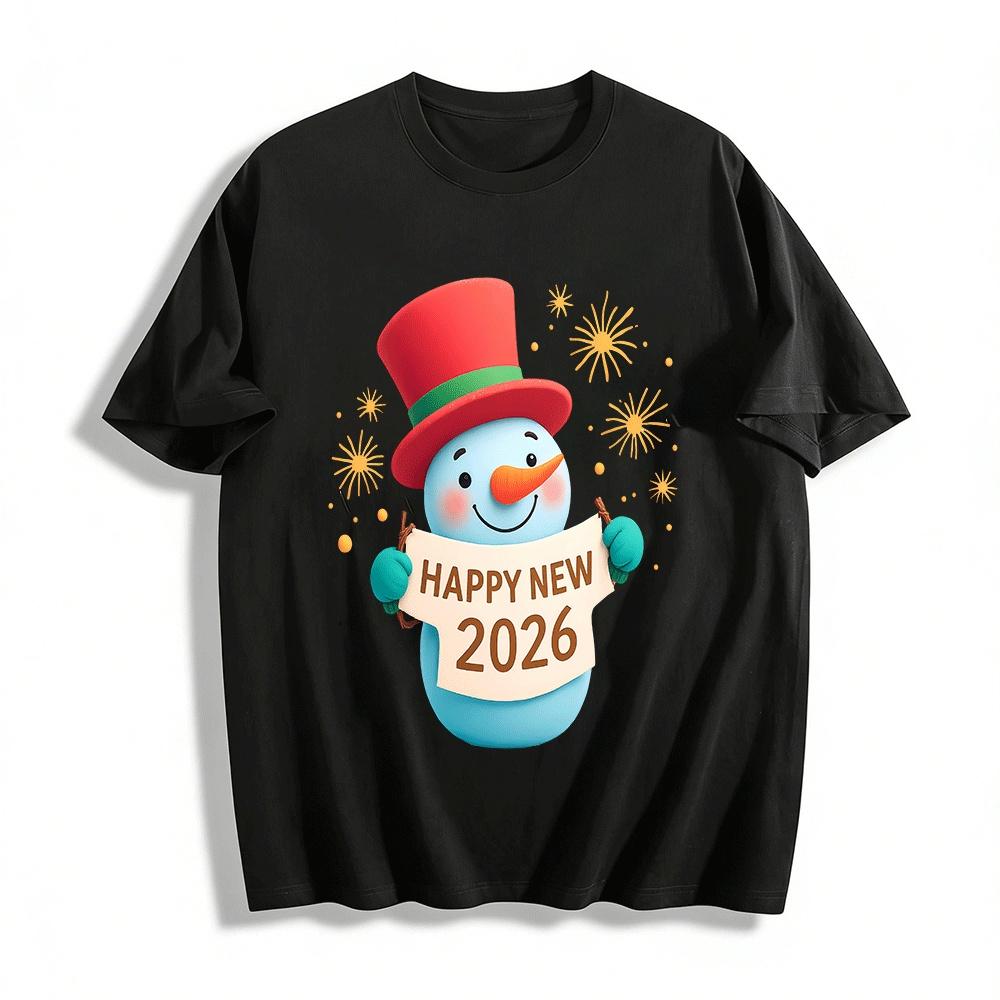 Cute Snowman Print Casual Top 2026 Happy New Year Holiday Wear Pure cotton T-shirt XXS