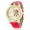 Women's Floral Leather Belt Quartz Watch with Diamond Accents