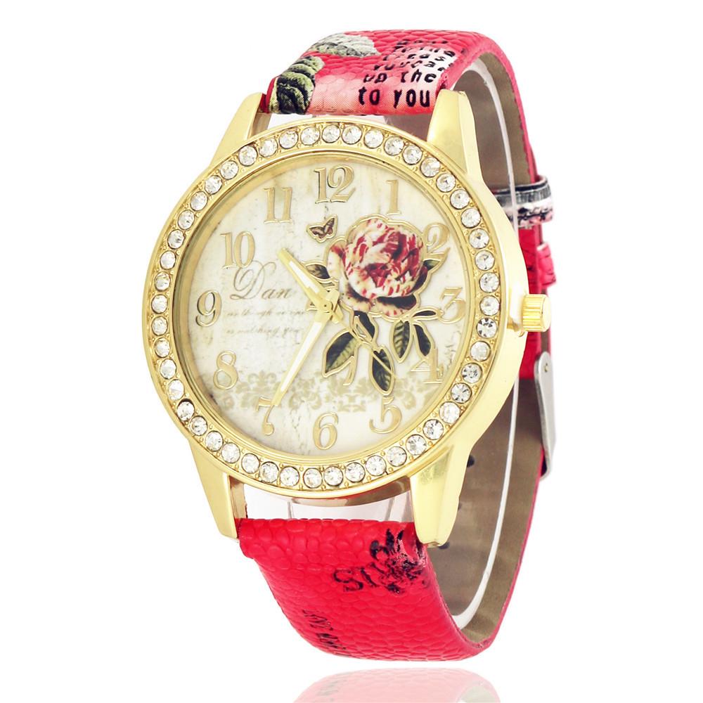 Women's Floral Leather Belt Quartz Watch with Diamond Accents