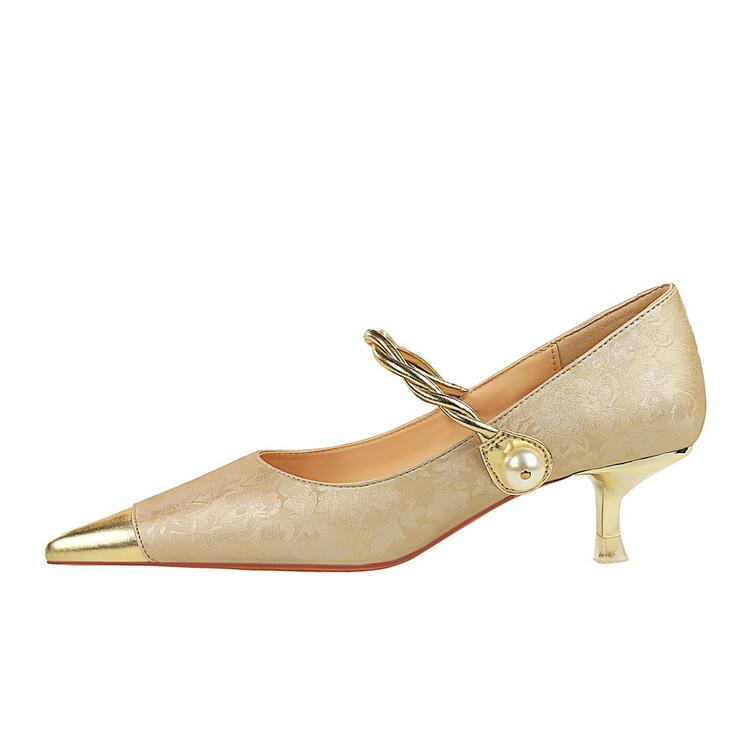 Fashion Retro Style Metal Mid Heel Splicingd Color Matching Single Shoe Temperament Mary Jane Pearl Chain Banquet Commuter Women Shoes