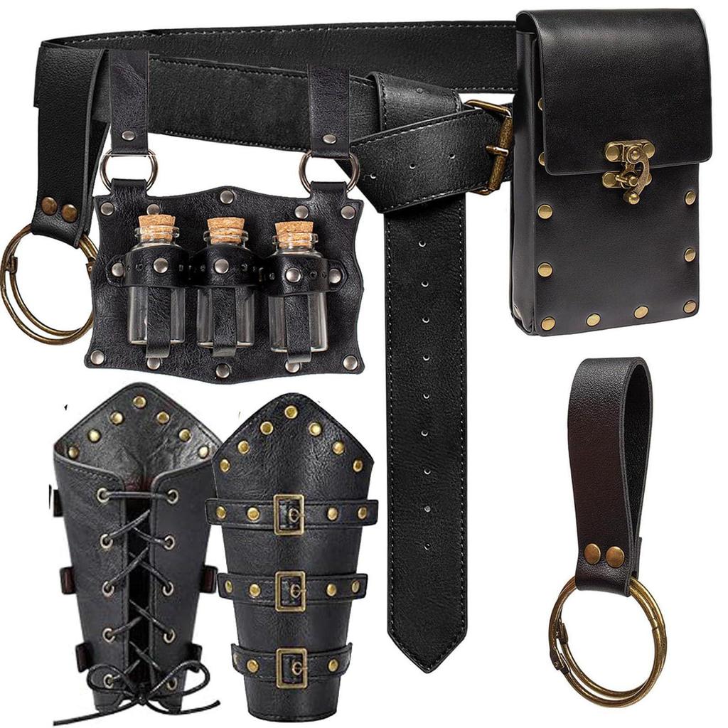 Medieval Leather Waistband Belt with Cord and Pouch