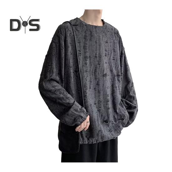 

Мужская футболка с круглым вырезом, длинным рукавом, рваными отверстиями, однотонный джемпер, топы в уличном стиле, базовый слой, уличные топы 2XL серый