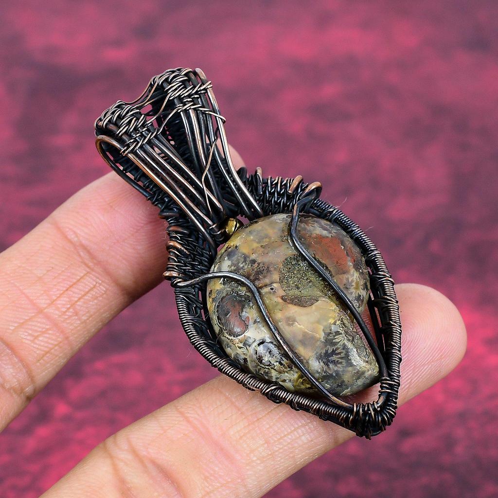 Ammonite Fossil Pendant Copper Wire Wrapped Moonstone Pendant Gemstone Jewelry