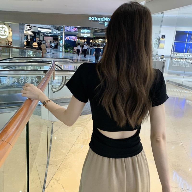 Design-sensing Back Hollow Slim Short-sleeved T-shirt for Women In Summer Korean Style Slim Backless Base Shirt Top for Women
