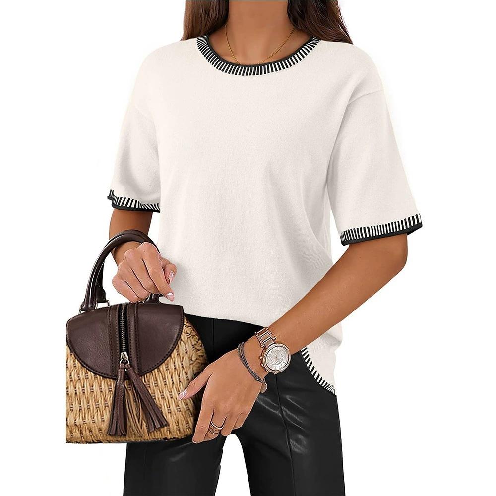 Color Contrast Ribbed Round Neck Short Sleeve Knit Pullover Sweater For Women