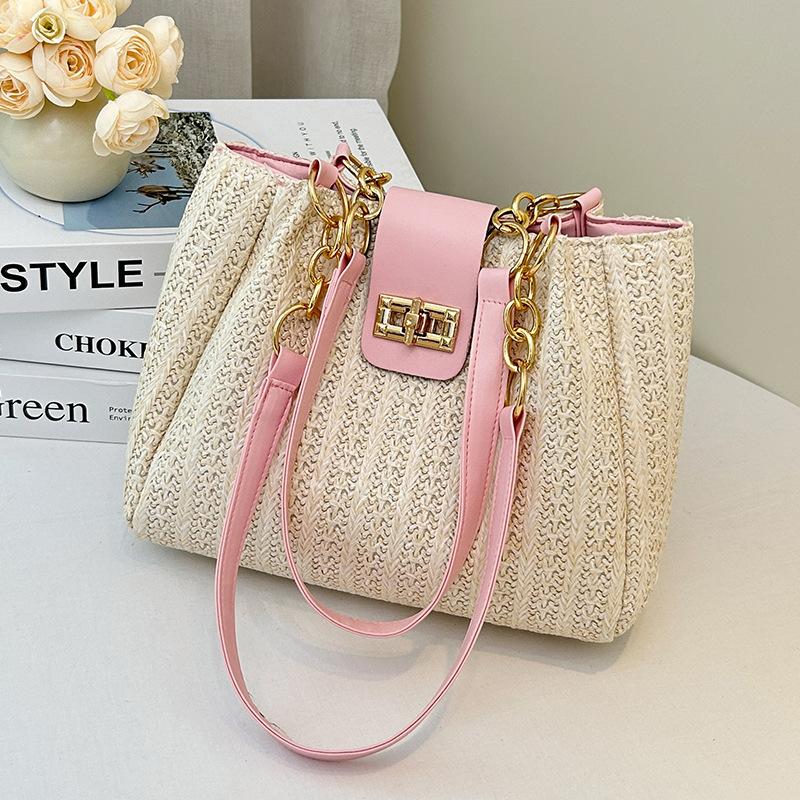 Elegant Ladies' Large Capacity Shoulder Bag with Adjustable Chain Shoulder Strap and Front Flip Button Closure - Woven Handbag