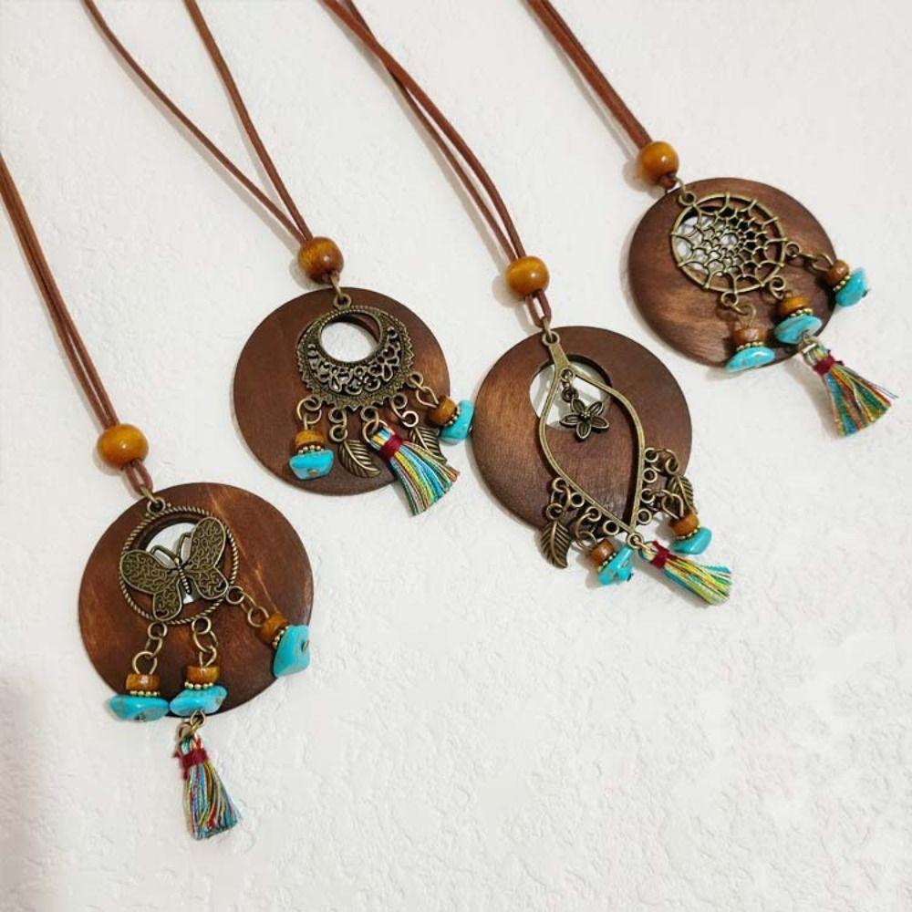 Round Sweater Chain Wooden Necklace Female Jewelry Vintage Leather Lanyard