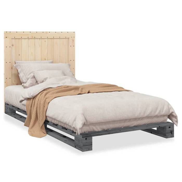 VidaXL Cadre de lit et tête de lit gris 100x200 cm bois de pin massif, lit, meuble de chambre à coucher, lit en bois, lit 3281545