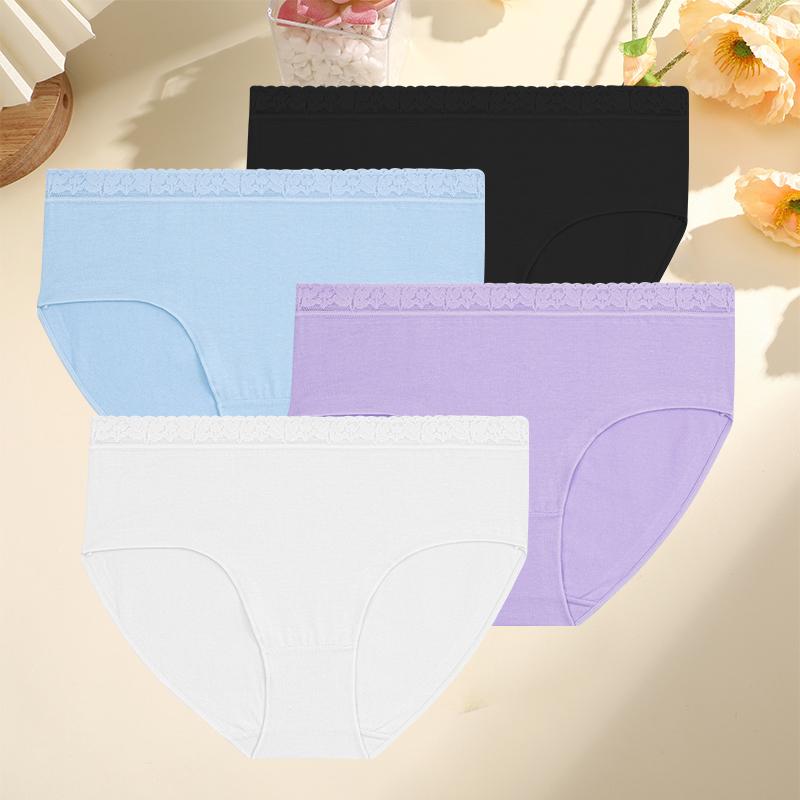 4PCS/Set Women Cotton Panties Sexy Low Waist Briefs Lace Cotton Female Comfortable Underwear Solid Color Soft Lingerie