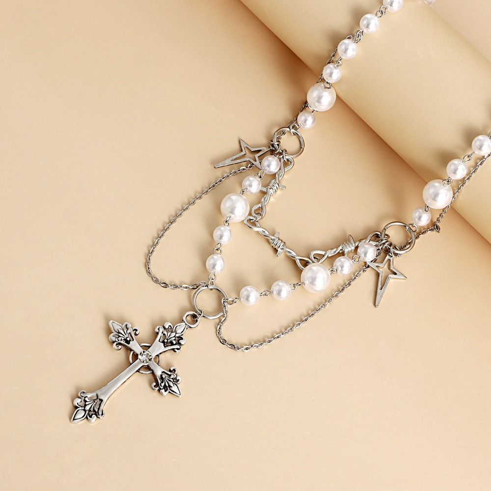 Charm Cross Rosary Necklace Handmade Double-layer Cross Pendant Choker Girl Gifts