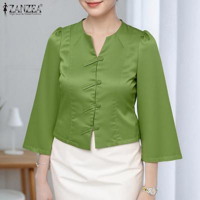 Women Casual V-Neck Solid Color 3/4 Sleeve Blouse