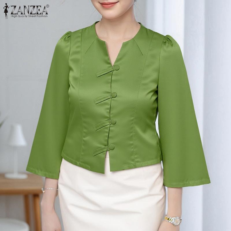 ZANZEA Kvinner Casual V-hals Ensfarget 3/4 Ermet Bluse