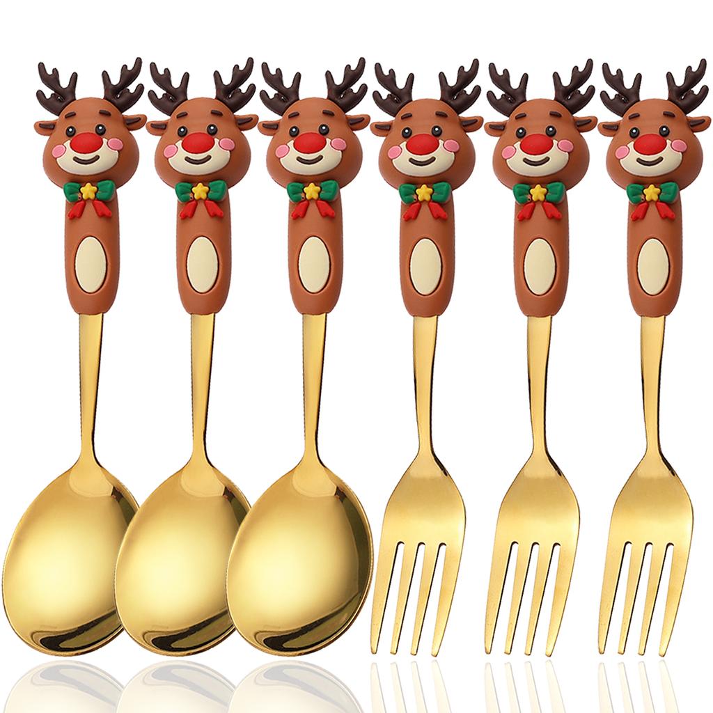 6pcs Stainless Steel Christmas Dinnerware Set Cake Fork Coffee Spoon Party Tableware Christmas Tree Moose Snowman Fork Spoon Set