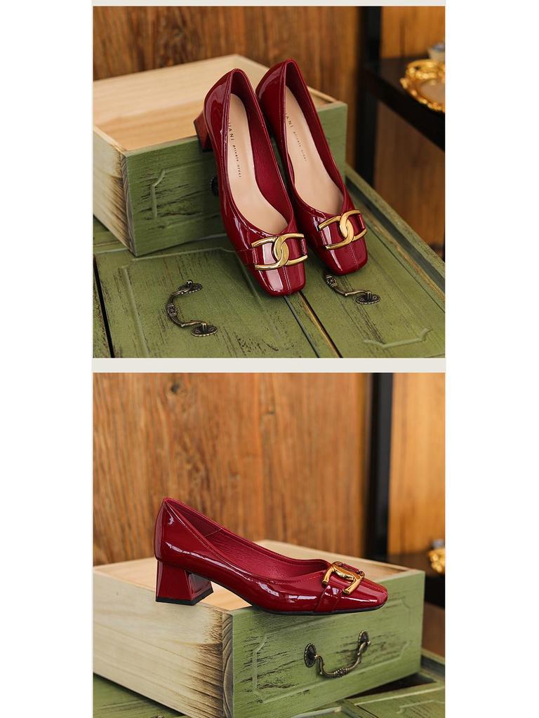 French Retro Sheepskin Patent Leather Square Head High Heels - Women's Two-Way Thick Heels for Autumn
