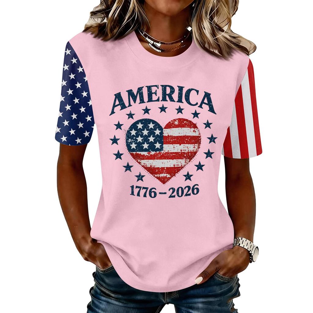 Blusa Feminina da Moda Casual de Manga Curta com Estampa e Gola Redonda