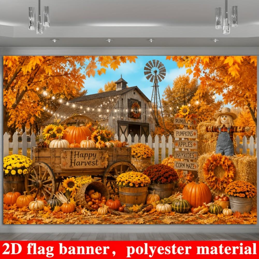 2D planar flag with a autumn harvest theme background featuring pumpkins sunflowers and scarecrowszyc
