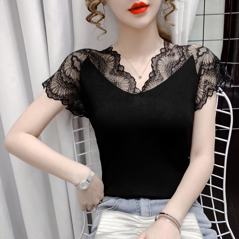 

Женская летняя кружевная футболка с V-образным вырезом и короткими рукавами, однотонная трикотажная рубашка с низом 3XL чёрный