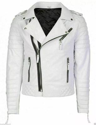 Herren Reißverschluss Weiße Lederjacke Herren Biker Stil Echte Lammhaut Schmal Geschnitten Jacke