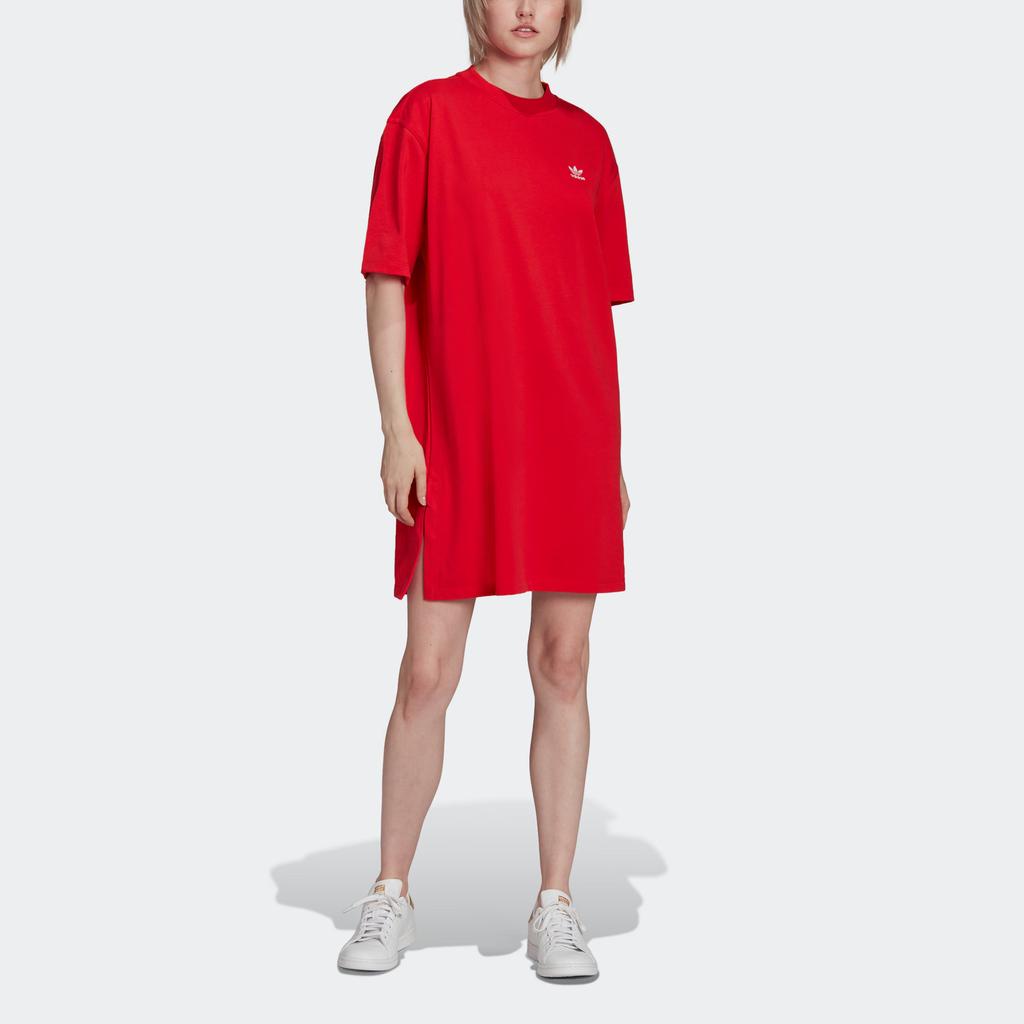 Adidas Originals Sports Lifestyle Series Side Slit Loose Fit Comfortable Short Sleeve Dress Women dresses Bright-Red HC2051