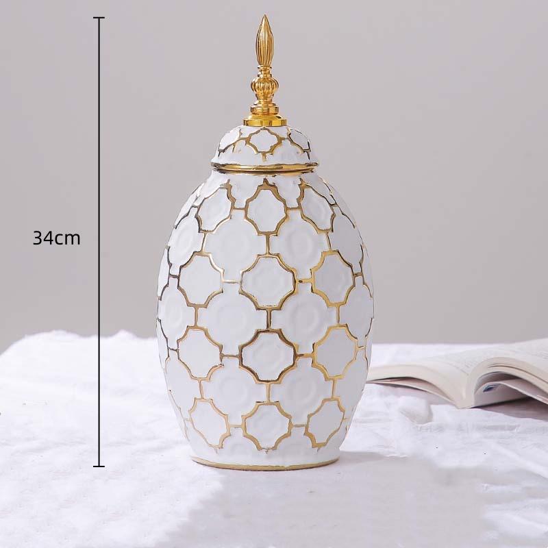 Ceramic Checkmate Jar Ginger Jar Flower Vase Plaid Gold Storage Tank Porcelain Bottle Home Decoration Accessories