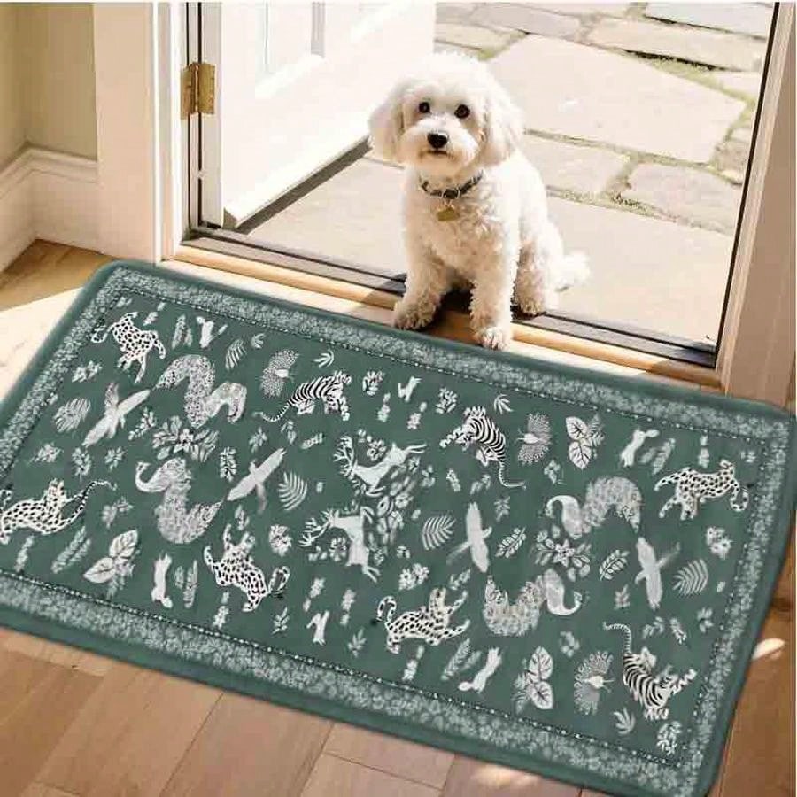 1pc Flannel Floor MatVintage Botanical Jungle Animal Print Area Rug Elegant Teal And White Floor Mat Decorative Home DecorNon-Slip, Machine Washable,