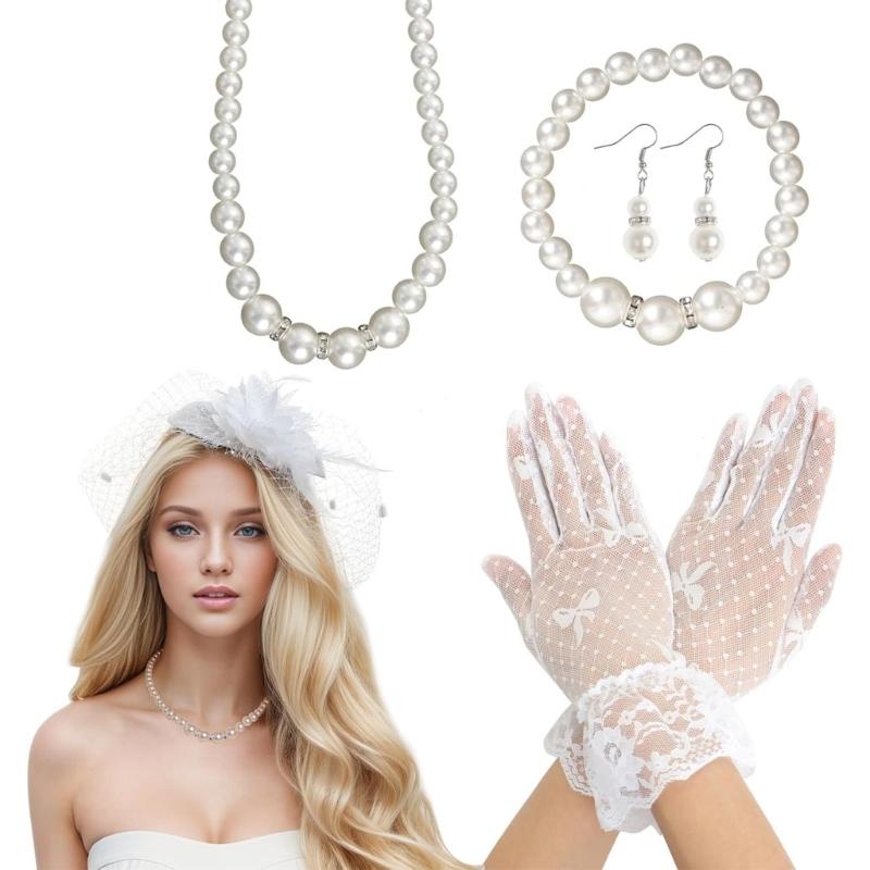 5Pcs 1920s Teas Party Accessories Set for Women Teas Party Fascinators Hats Lace Gloves Necklace Bracelet Earrings