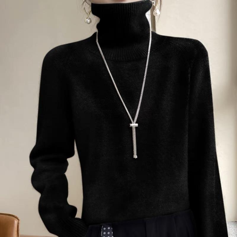 High-end lapel pure wool sweater women's turtleneck knitted and loose sweater solid color pullover bottoming shirt autumn and winter