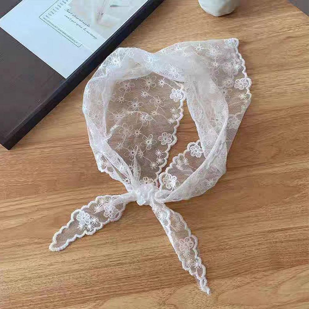 White Woven Floral Lace Hair Scarf Wraps Women Retro Headscarf Travel Hair Triangle Hat Photo A X9E4
