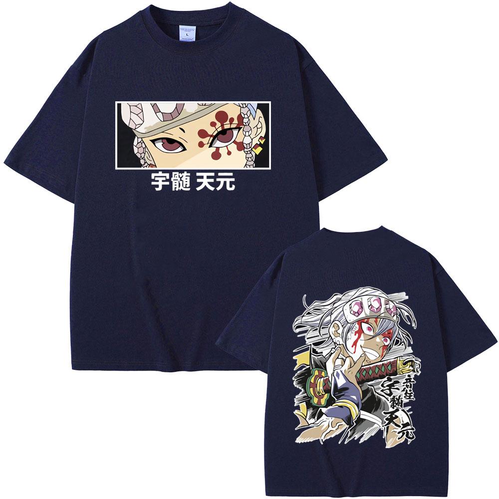 Anime Demon Slayer Uzui Tengen Double Sided Graphic Tshirt Men Women Casual Oversized Crewneck T-shirt Male Vintage Streetwear