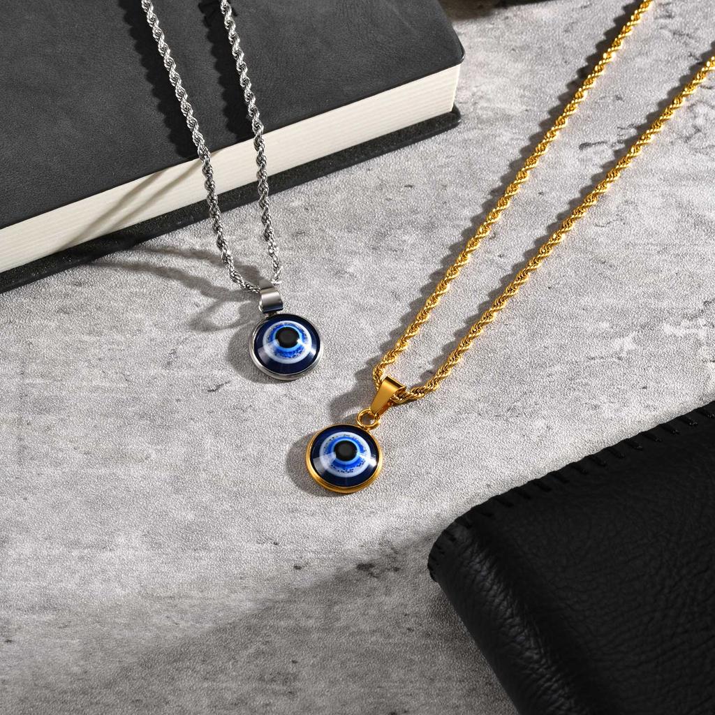Colares Turcos Olho Grego de Aço Inoxidável para Homens, Colar com Pingente Redondo Olho Azul, Joia de Colar Étnica